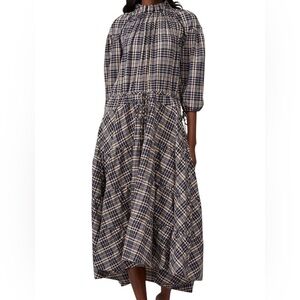 Teija Cotton & Wool Plaid Puff 3/4 Sleeve Ruffle High Neck Dress, Size 8